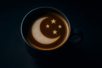 Coffee Art: Crescent Moon and Stars on coffee, A meticulously crafted coffee creation featuring a graceful crescent moon and twinkling stars, inviting a moment of serene contemplation. 