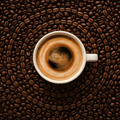 Morning Coffee Ritual: A pristine white mug brimming with rich, aromatic coffee, nestled within a mesmerizing arrangement of roasted coffee beans. A visual symphony of flavors.