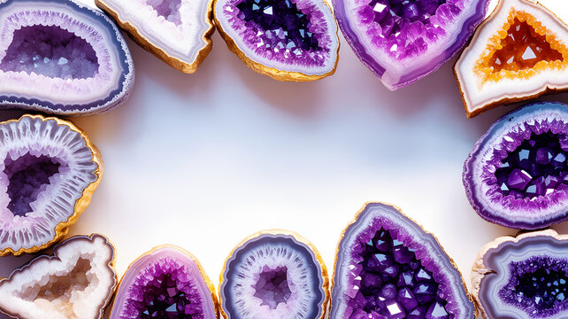 Purple and orange agate geode slices frame on gradient background with copy space