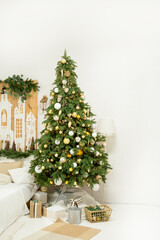 Full View of Christmas Decorated Bedroom Interior with Tall Pine Tree, Gifts, and Cozy Lighting