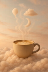 Dreamy Latte Art in the Sky: A whimsical scene of a latte cup nestled on clouds, steam rising to meet a balloon, crescent moon, and a fluffy cloud, creating a surreal and tranquil moment.