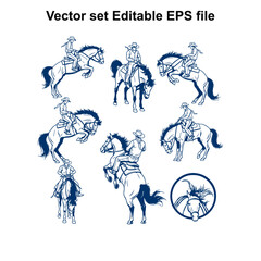 Vector art of a set of stylized vector illustrations featuring cowboys on horseback in various poses, capturing the essence of equestrianism and the wild west, presented on a
