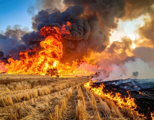 Scorching inferno engulfs field, tree stands defiant, sky filled with smoke