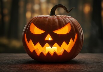 A carved Halloween pumpkin with a menacing face glows eerily in the dark, set against a blurred forest background.