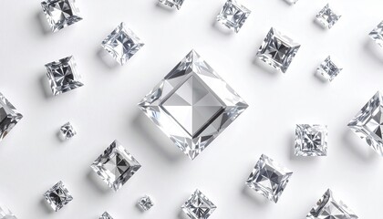 Sparkling cut gemstones, varying sizes, scattered on a white surface