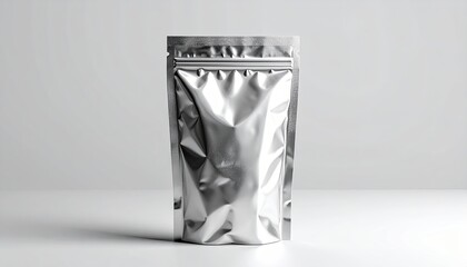 A shiny, silver pouch stands upright against a light, plain backdrop