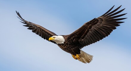 Obraz premium Majestic Bald Eagle Soaring Through a Clear Blue Sky