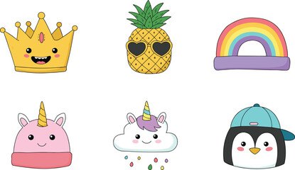 Cartoon crown, pineapple, rainbow, unicorn hat, cloud, penguin, cute characters, colorful design, playful illustration, whimsical vector art, children
