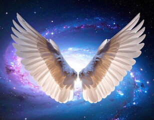 Obraz premium White wings against a galactic background with a bright, celestial light