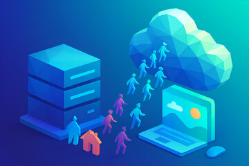 Cloud migration concept with people moving data from local server to online storage
