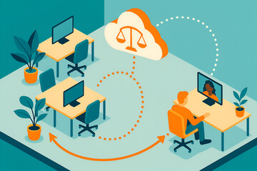 Cloud collaboration in modern office with employees connected through justice scale icon