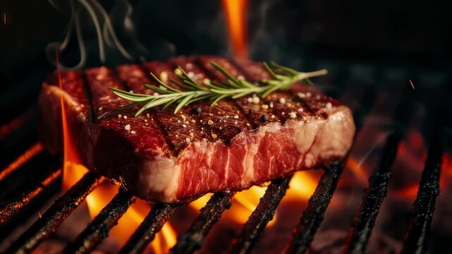 A thick, juicy beef steak with rosemary and seasoning cooking on a fiery grill. Use for restaurant menus and barbecue promotions