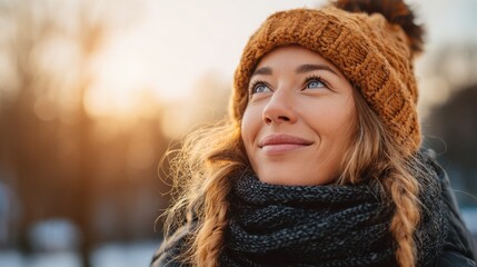 smiling pretty lady in warm clothes looking up at sky while walking in park in winter no logos no brands ar 169