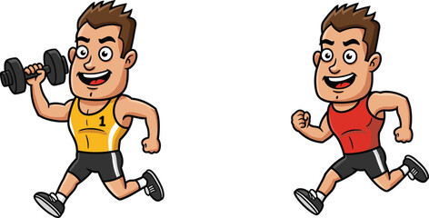 Cartoon muscular man running character, fitness exercise illustration with dumbbell training and cardio workout, health lifestyle vector art for sports education