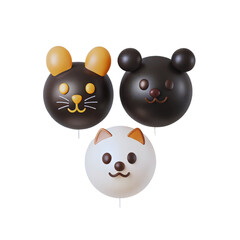 Fototapeta premium Three cute animal shaped balloons featuring a mouse, bear, and white cat float playfully together