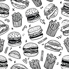 Monochrome Fast Food Doodle Pattern Design