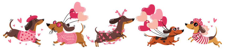 A set of flat vector illustrations in a simple children's style on the theme of Valentine's Day. Cute dachshunds wearing sunglasses, pink clothes, and holding heart-shaped balloons. . Vector