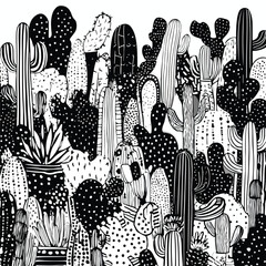 Monochrome cactus doodle patterns variation