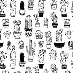 Monochrome Cactus Doodle Seamless Pattern Design