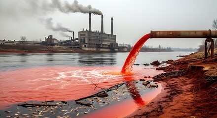 A stark depiction of industrial pollution as vibrant red effluent pours into a river, highlighting the detrimental impact on water quality and ecosystem health