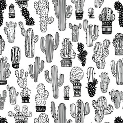 Monochrome cactus pattern seamless line artwork