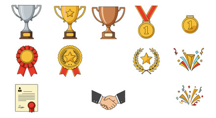 Collection of Award Trophies Medals Ribbons Certificates and Celebratory Elements Isolated on Transparent Background for Recognition and Success Concepts