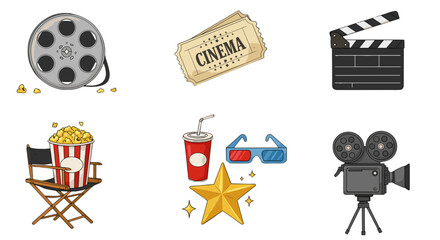 Cinema movie icons set with film reel clapperboard ticket popcorn 3D glasses isolated on transparent background