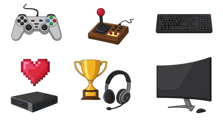 Pixelated Gaming Icons Representing Digital Entertainment and Victory Isolated on Transparent Background
