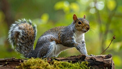 Gray Squirrel on Log in Forest.