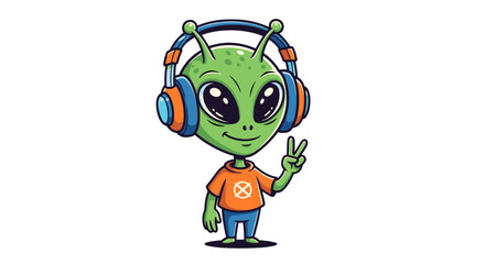 Cute cartoon alien character wearing headphones giving peace sign isolated on transparent background vector art