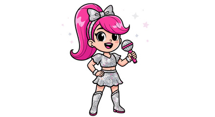 Cute Pop Star Singer Girl with Pink Hair and Sparkly Outfit Singing into Microphone Isolated on Transparent Background