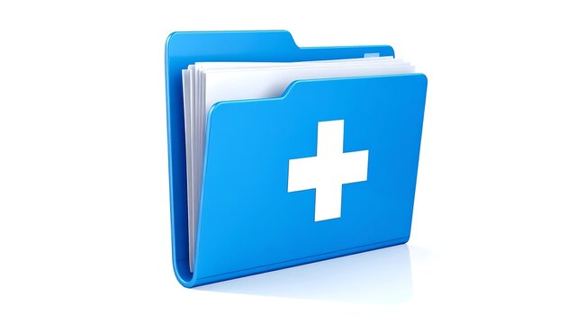 A bright blue file folder, featuring a white cross symbol on its front, is partially open, revealing a stack of white papers within. It's placed against a stark white backdrop