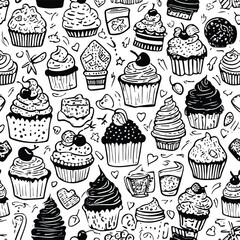 Monochrome Cupcake and Dessert Doodle Pattern