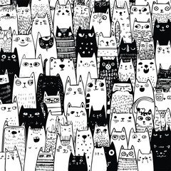 Charming monochrome doodle cats illustration