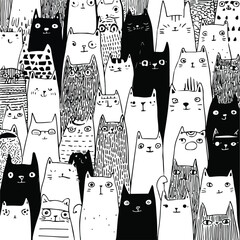 Charming Monochrome Doodle Cats Line Art