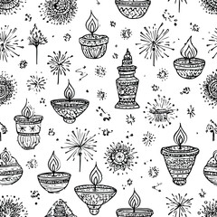 Traditional Diwali Lamps and Fireworks Sketch