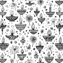 Minimalist Diwali Lamps and Fireworks Illustration