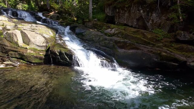 A captivating scenic view of Madcap Falls as it tumbles into the Paradise River, nestled within the verdant landscape of Mount Rainier National Park