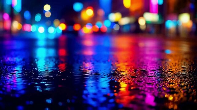 Rainy night bustling rain puddle asphalt wet road colorful reflection.  Blurred, out-of-focus view of a city street road at night with neon lights reflecting on the wet pavement asphalt road