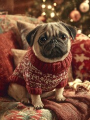 adorable pug wearing a festive sweater in a cozy living room with holiday decor