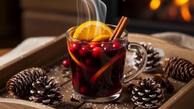 Steaming hot mulled wine with orange and spices in a glass mug. A cozy winter christmas drink on a tray with pine cones. Scene for holiday celebration promotions
