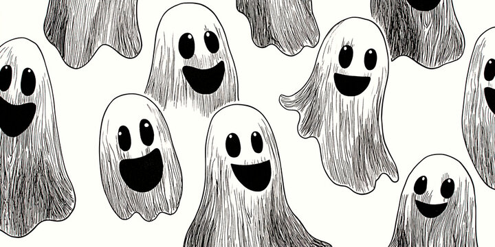 AI Generated - Black and white drawing of a group of cartoon ghosts with big eyes and wide smiles on a white background. Commercial illustration artwork for business applications. High-resolution.