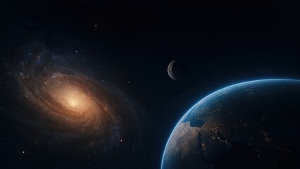 Obraz premium A mesmerizing vista of the cosmos featuring a vibrant galaxy, Earth's horizon, and a crescent moon, showcasing the vastness of space and astronomical wonders