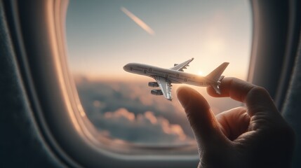Hand holding a miniature airplane model near airplane window, showcasing clouds and sunset, symbolizing travel and adventure in aviation