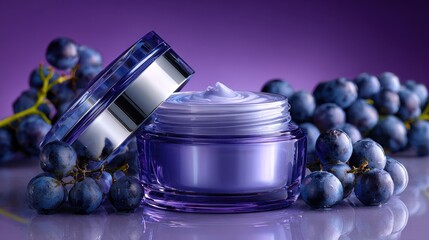 Moisturizing cream jar with vibrant purple lid surrounded by fresh blueberries, showcasing skincare product and natural ingredients for beauty routine