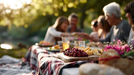 Group of friends enjoying a picnic outdoors with a spread of food, drinks, and vibrant nature creating a joyful atmosphere of togetherness