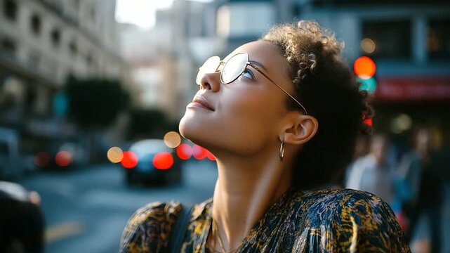 A confident young woman from a diverse background wearing glasses, looking toward a bright future, radiating inclusivity, diversity, inclusivity, plus-size models, interracial coup