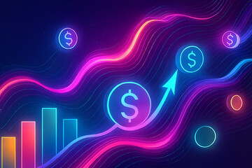 Neon glowing financial growth chart with dollar symbols and rising arrow on dark background