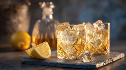 Refreshing whiskey cocktails served in elegant glasses with ice and lemon, showcasing a sophisticated drink experience in a stylish setting