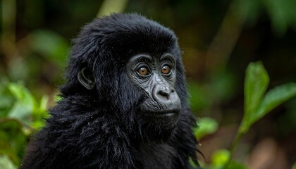 Obraz premium A close-up portrait of a young gorilla, showcasing its dark fur and expressive, brown eyes. The background is lush green foliage